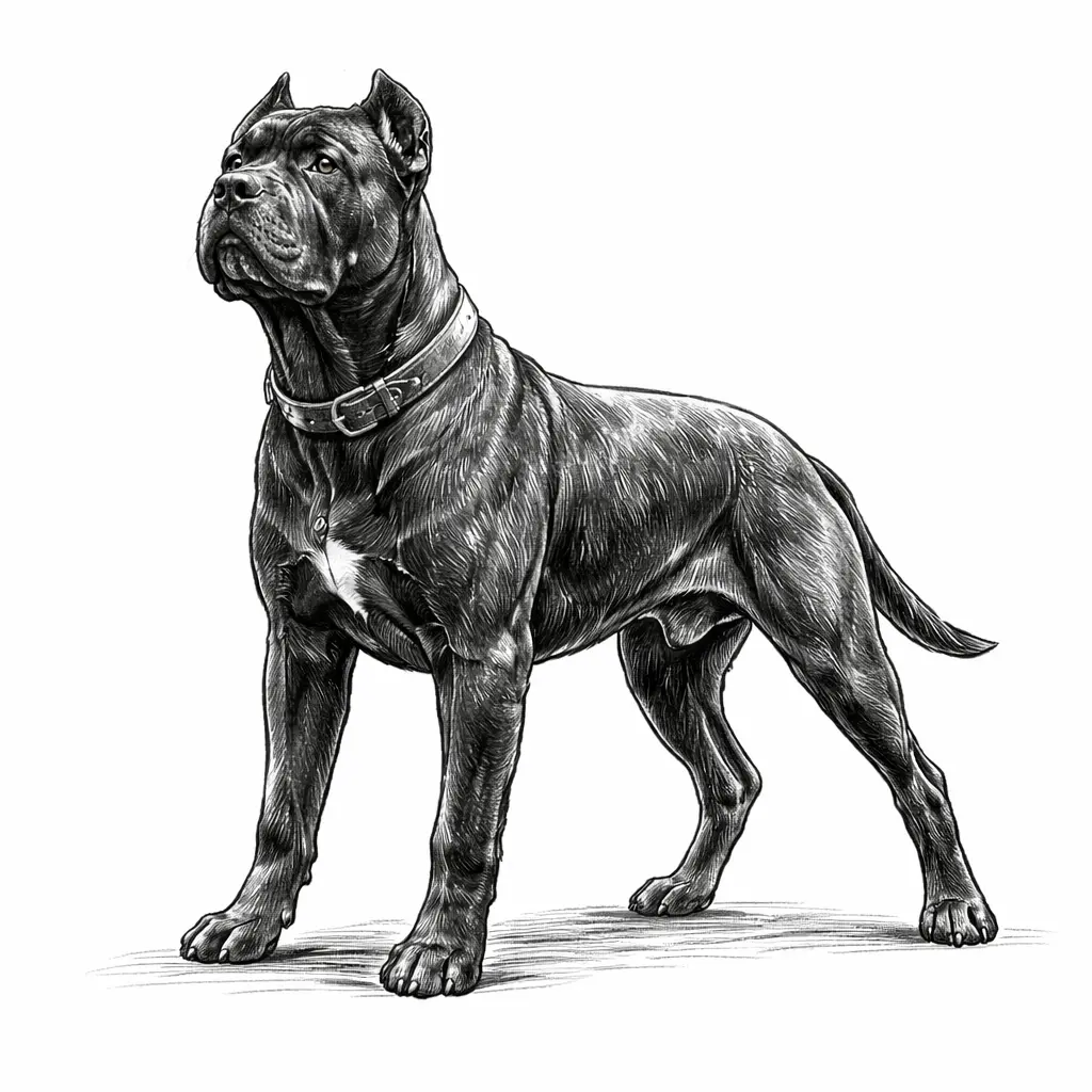 Symbol siły i ochrony – dorosły Cane Corso NightDefenders, artystyczny szkic na białym tle.