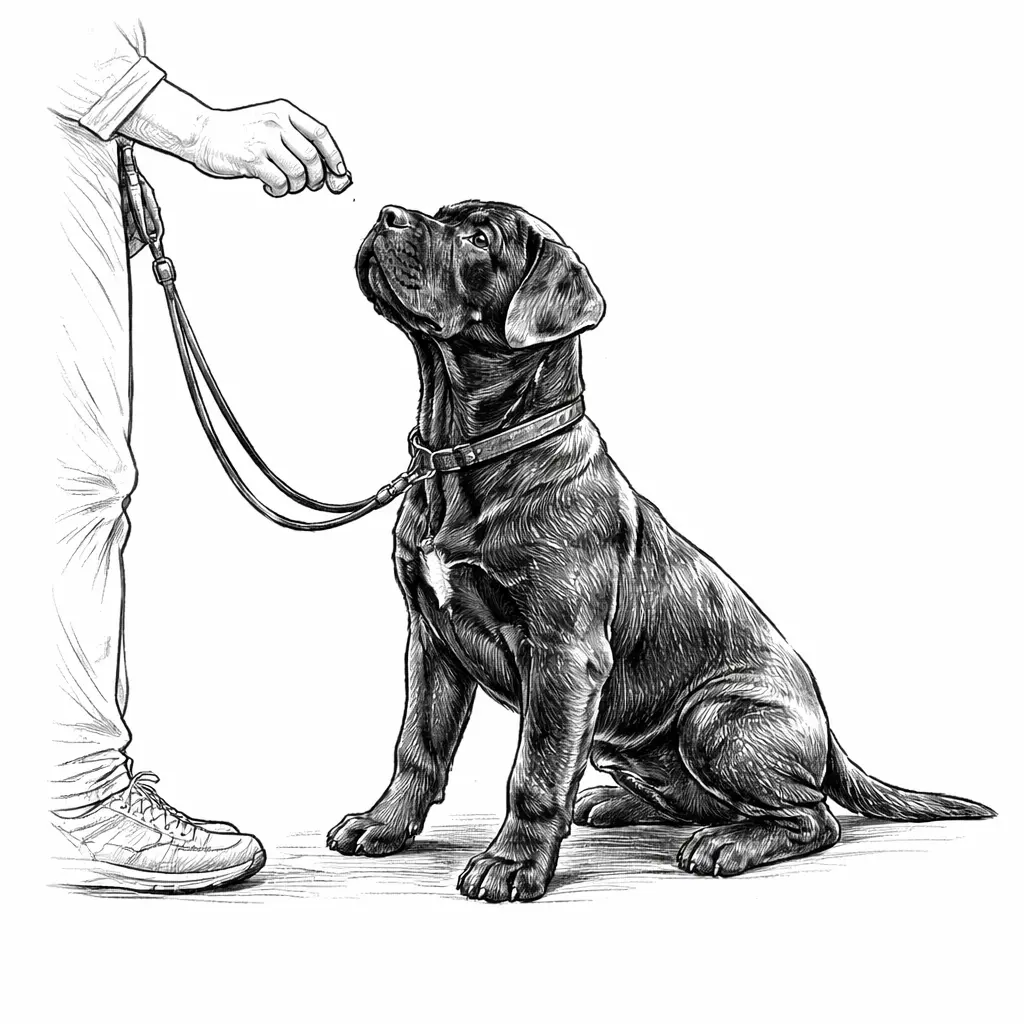 Czarno-biała ilustracja siedzącego psa Cane Corso na smyczy, patrzącego na rękę właściciela podającą smakołyk.