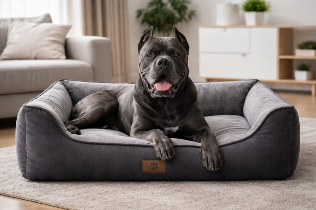Duży szary pies Cane Corso odpoczywający na wygodnym legowisku w salonie