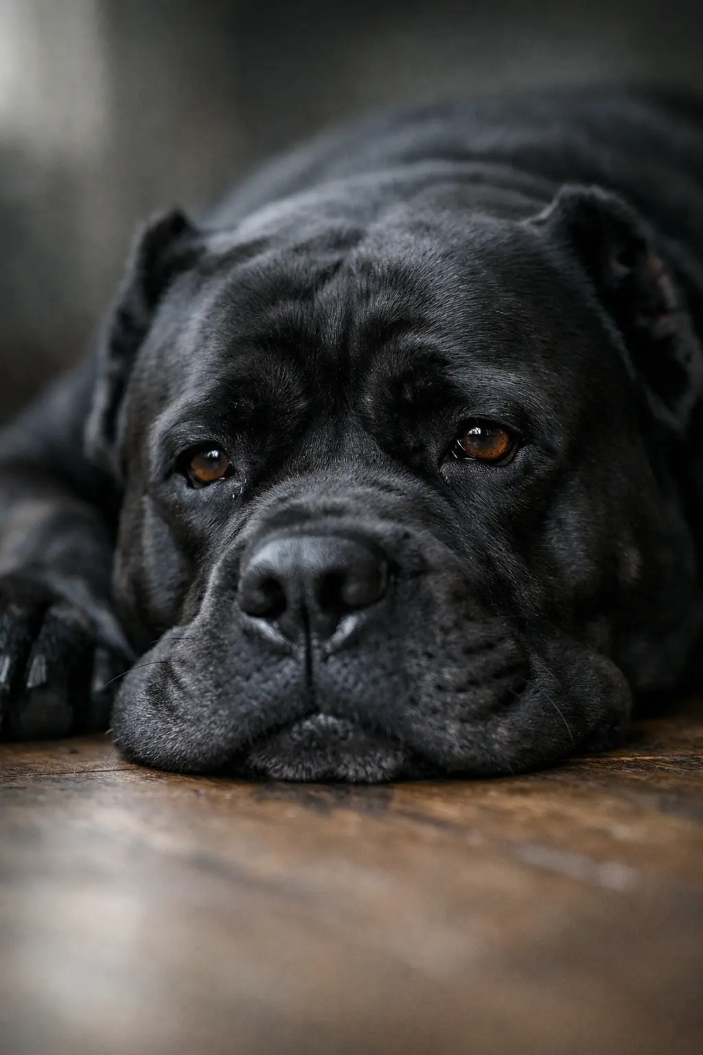 Czarny Cane Corso na drewnianej podłodze
