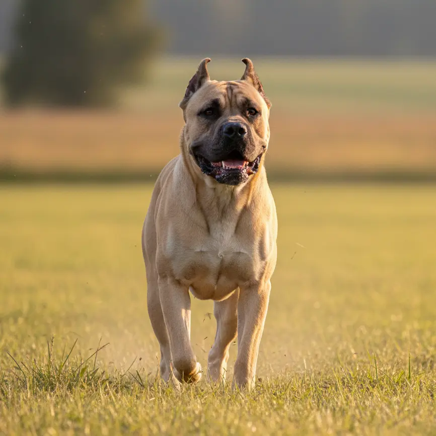 Płowy Cane Corso biegnący po trawie w świetle zachodzącego słońca, widoczna atletyczna budowa psa.