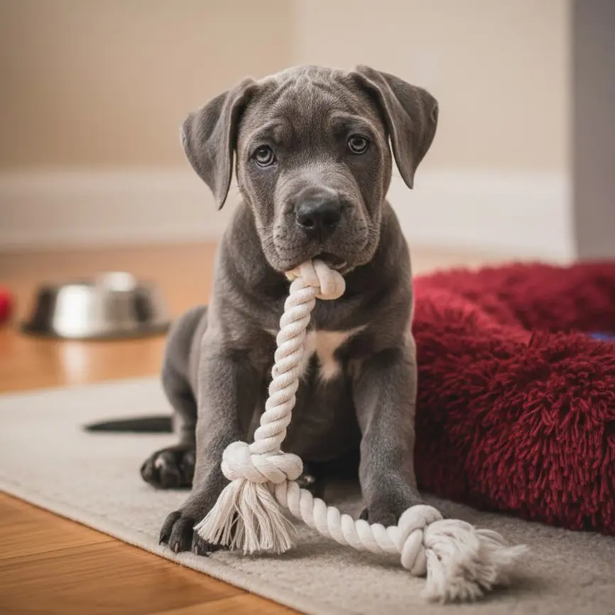 Mały szary szczeniak rasy Cane Corso trzymający w pyszczku biały sznur do zabawy, w tle czerwone legowisko.