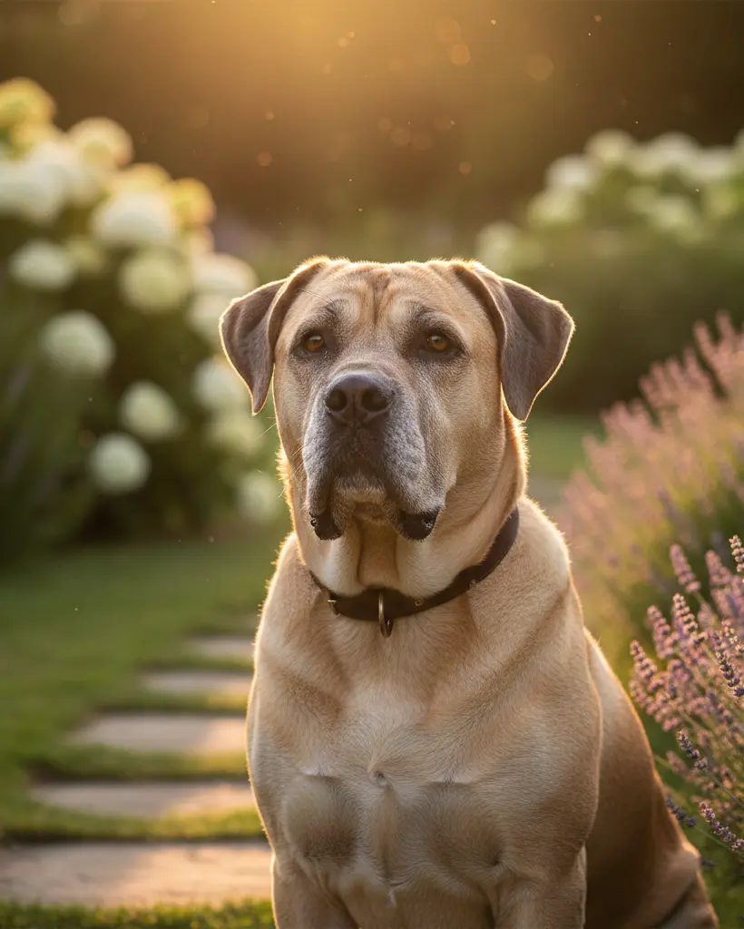 Portret jasnego psa Cane Corso o zachodzie słońca, w tle białe hortensje i ścieżka ogrodowa.