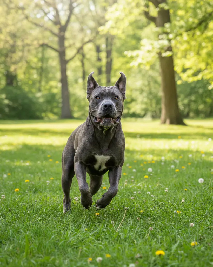 Szary (błękitny) Cane Corso z białą krawatką uchwycony w biegu na tle lasu, radosny wyraz pyska i dynamiczna sylwetka.