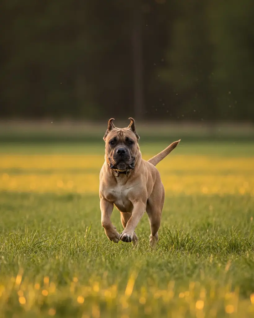 Płowy Cane Corso Italiano w pełnym biegu, widoczna silna muskulatura na tle rozmytej trawy w słońcu