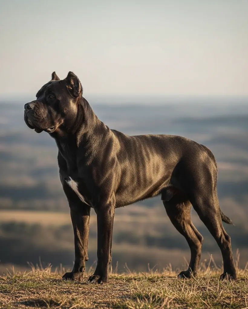 Czarny Cane Corso o lśniącej sierści i potężnej budowie ciała, profil psa na tle rozmytego krajobrazu o zachodzie słońca.