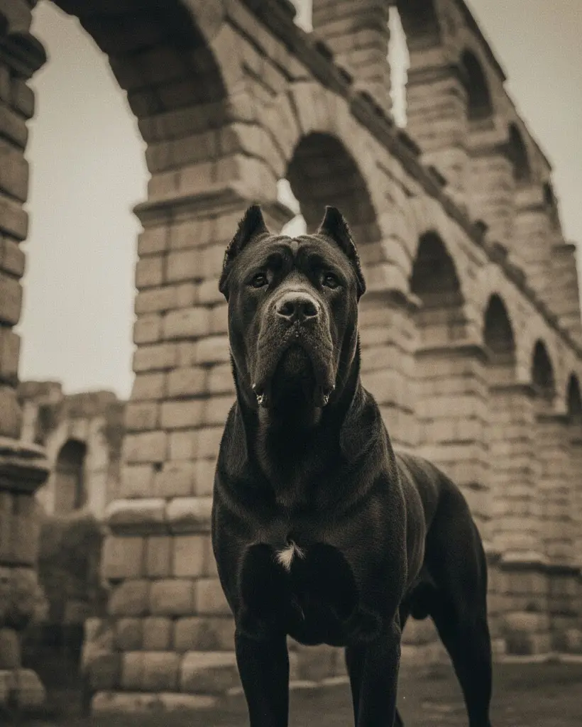 Portret potężnego, czarnego Cane Corso na tle antycznych łuków, zdjęcie w odcieniach sepii podkreślające dumę rasy