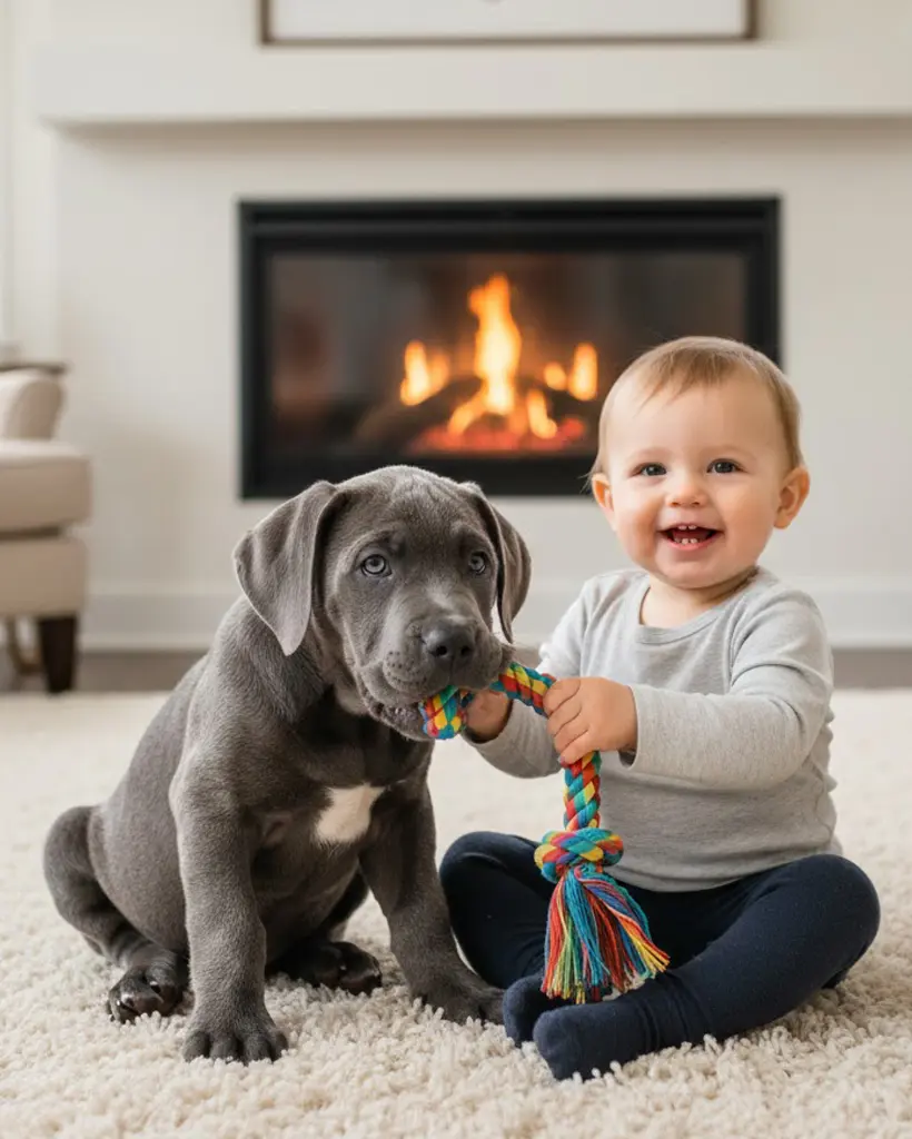 Małe dziecko i szczeniak Cane Corso siedzący na dywanie przed kominkiem, wspólnie trzymają kolorowy sznur do zabawy.