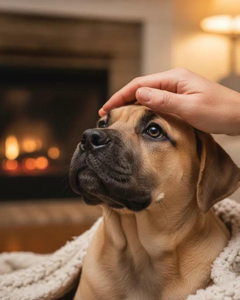 Zbliżenie na pysk biszkoptowego Cane Corso patrzyjącego z ufnością w górę, ręka człowieka na głowie psa, w tle rozmyty kominek.