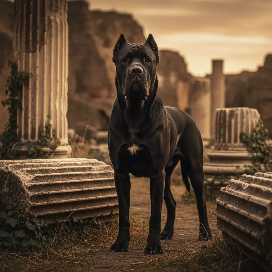 Czarne Cane Corso o atletycznej sylwetce stojące wśród kamiennych kolumn w świetle zachodzącego słońca