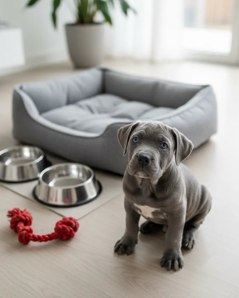 Mały szary piesek Cane Corso patrzący w górę, w tle szare posłanie i dwie metalowe miski na wodę i karmę.