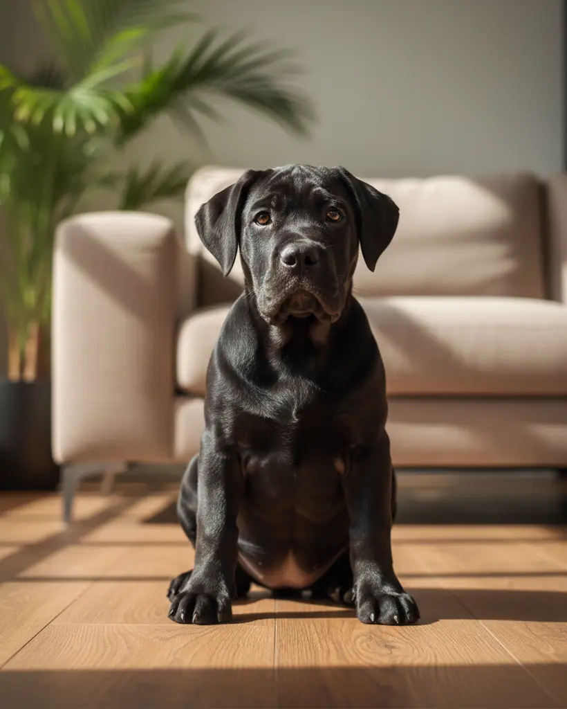 Portret małego czarnego psa rasy Cane Corso w słońcu, widoczne ostre cienie i jasne tło salonu z palmą.